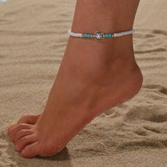Bohe Sea Turtle Rainbow Beaded Anklets For Women Elastic Rope Chains Adjustable Ankle Bracelet Beach Jewelry Summer Accessories
