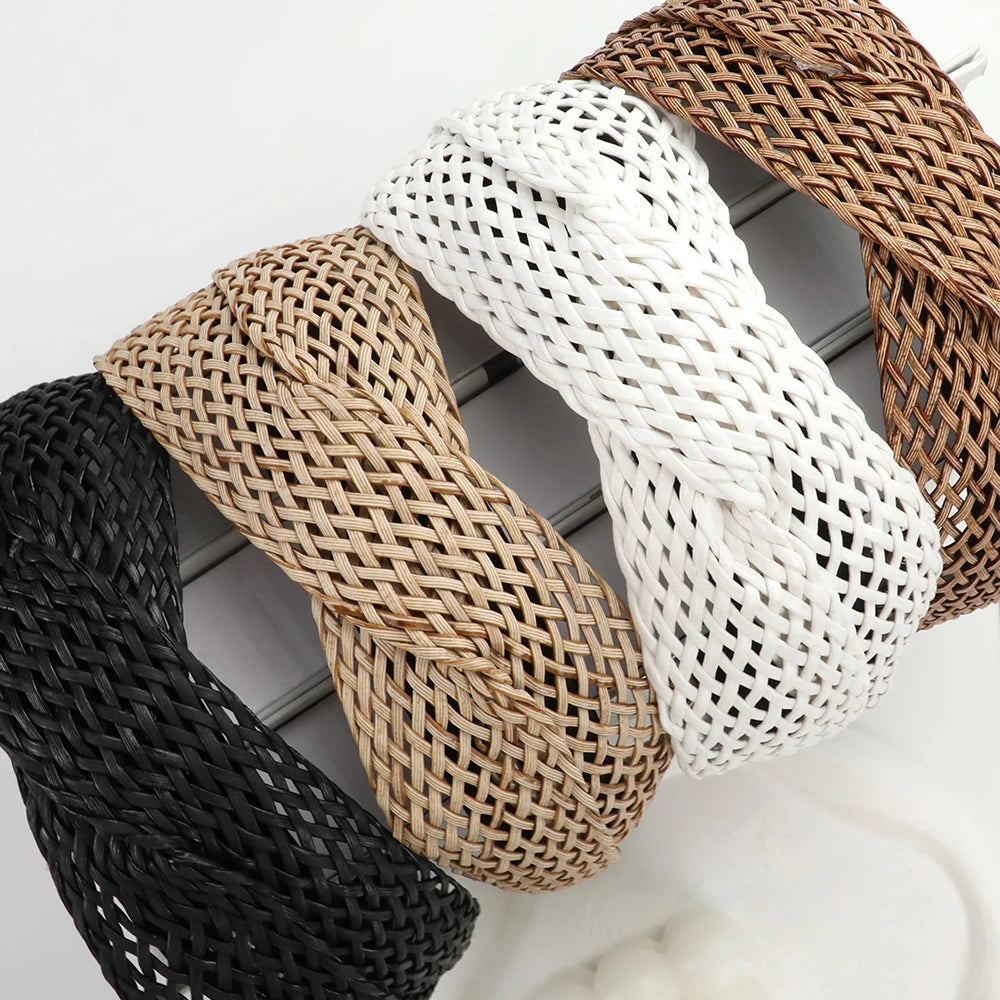 Bohemian Beach Straw Weaving Cross Knotted Headband Women Wide-brimmed Hand-woven Hair Hoop Travel Holiday Headdress Accessories