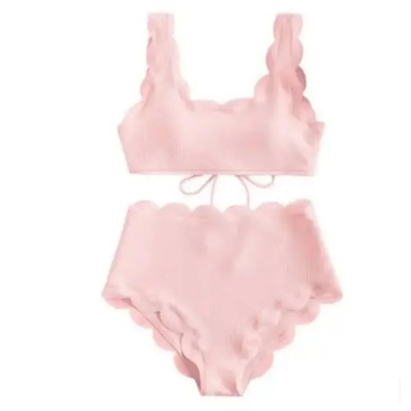 Simple Solid High Waist Bikini Women Swimsuit Fashion Floral Edge Split Bathing Suit 2025 New Casual Lady Two Pieces Beachwear