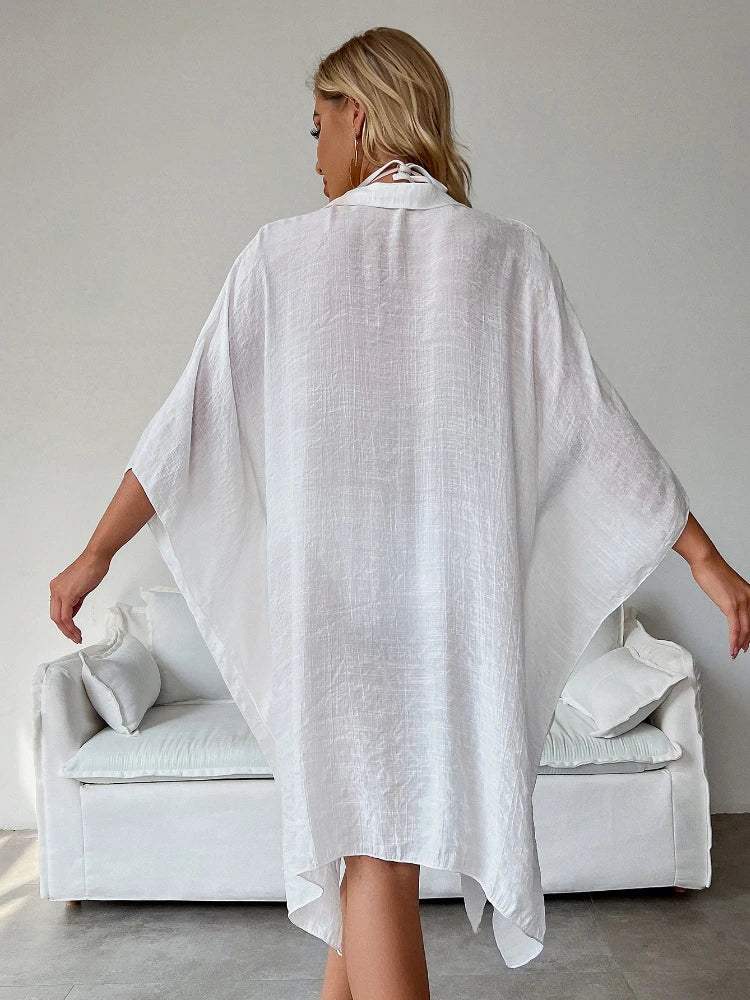 Beach Shirt Women Swimsuit Cover Up Solid Batwing Sleeve Loose Soft Bathing Suits Tunic Kimono Dress Pareo Beachwear