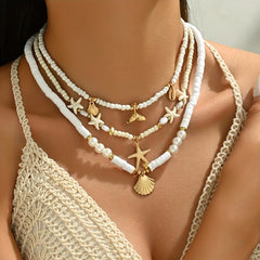 Bohemian Personality Starfish Imitation Shell Pendant Beaded Necklace Women Beach Vacation Wind Vacation Accessories Gift