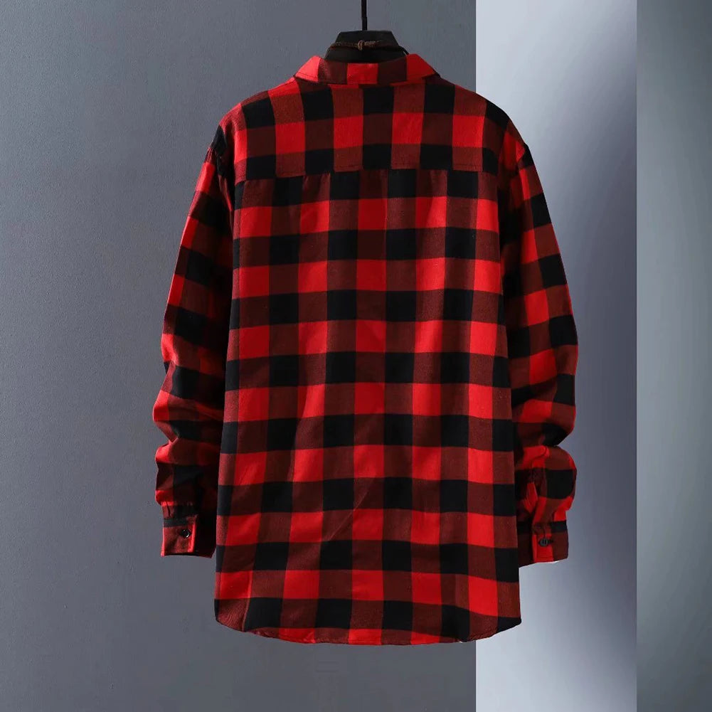 Men\\\'s Baggy Coat Lapel Tops  Casual Work Baggy Coat Lapel Tops  Long Sleeve Check Shirts  Button Down Plaid Shirts  Red Black