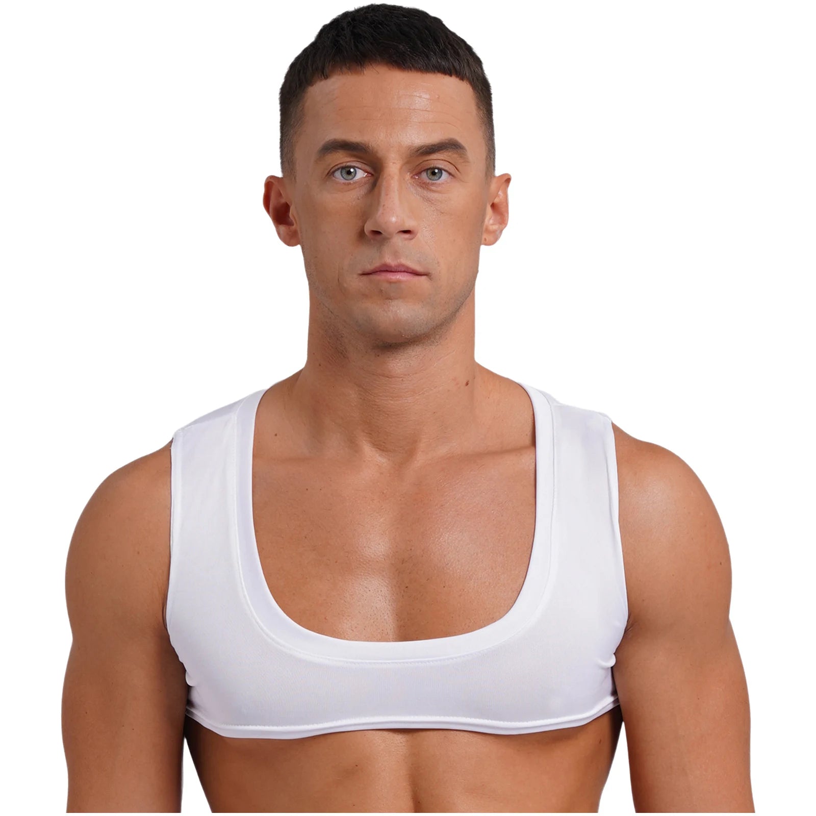 Mens Sexy Muscles Showing Off Crop Top Low Scoop Neck Sleeveless Solid Color Tank Top Vest for Bodybuilding Disco Nightclub