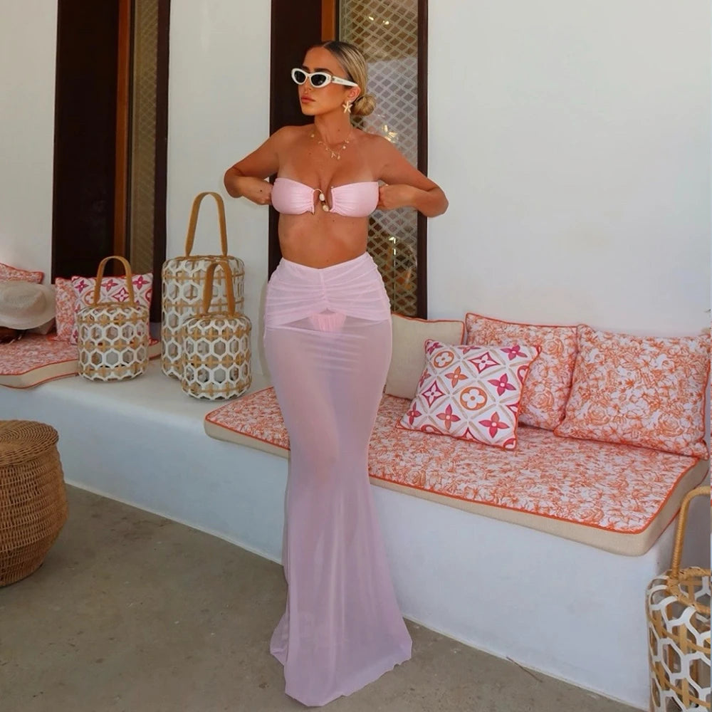 3 Pieces Bikini Set Solid Long Skirt Women Swimwear 2024 Sexy Bikinis Bandeau Beachwear Bodysuit Micro Thong Biquini Female