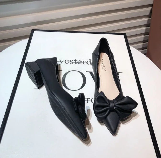 Shoes for Women Low Heel Elegant Woman Pumps Pointed Toe With Bow Fashion Summer 2024 Footwear Discount Shoe Slip On Wholesale