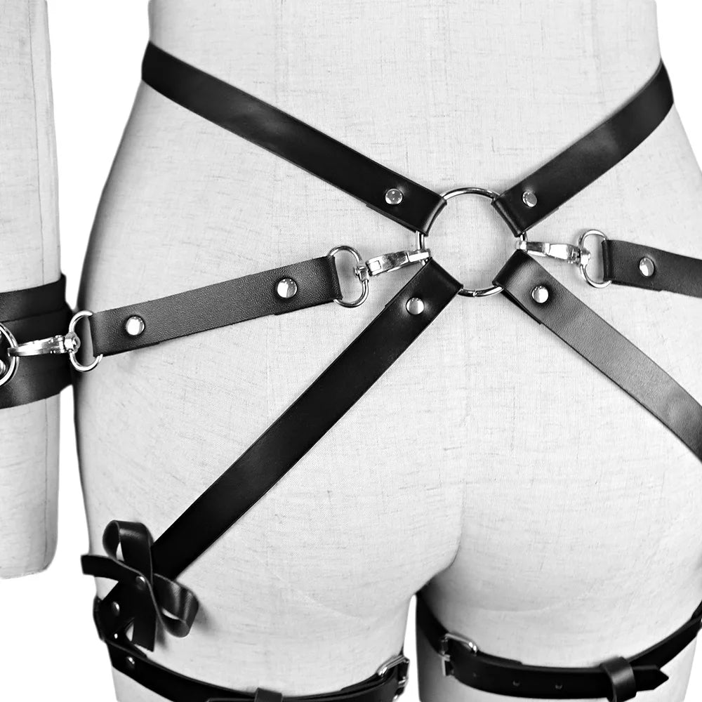 Exotic Accessories SM Bondage Kit Leather Thigh Cuffs Waist Belt Handcuffs Bed Strap Adult Role Play Toy for Couples