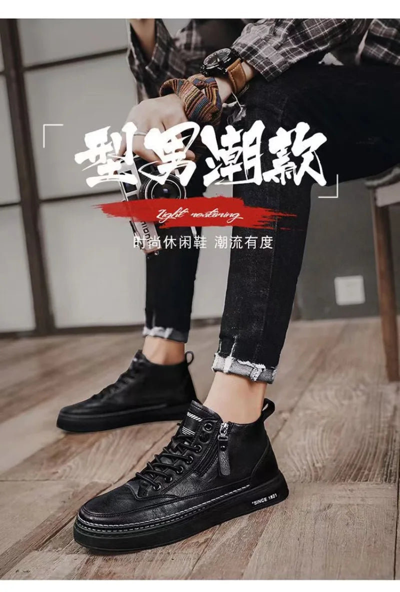 Men's Shoes Fashion High Top Sneakers PU Leather Casual Shoes for Men Platform Boots Retro Zipper Ankle Boots Zapatillas Hombre