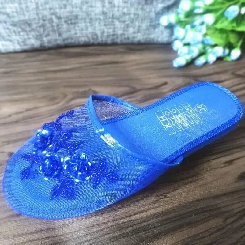 Damen-Hausschuhe mit Pailletten, flache Schuhe, Sommer-Slipper aus hohlem Netzgewebe, Strand-Slipper, Flip-Flops, lässige Baotou-Hausschuhe mit kreativem Blumenmuster