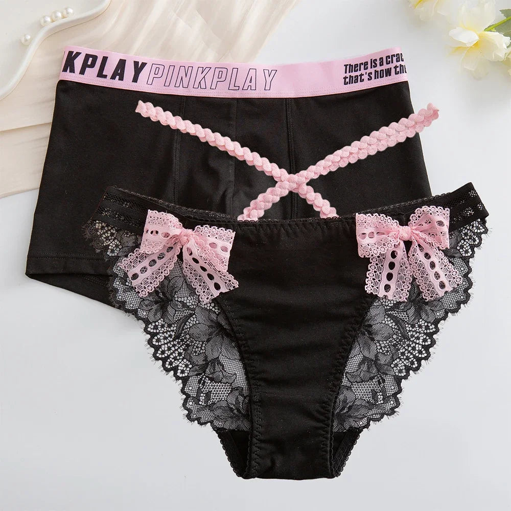 Sexy Men's and Women Underwear Couple Panties Cute Lolita Bow Lace Panties Women Briefs Male Comfort Boxers Cozy Lovers Panties