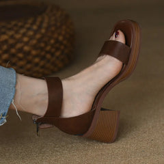 Women's Sports Shoes Beige Hardened Sole Open Toed Sandals Rear Zipper Peep Toe Retro High Heels