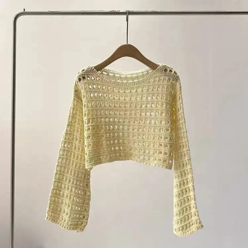 Women Long Sleeve Crochet Knitted Sweater Beach Bikini Cover Up Top Summer