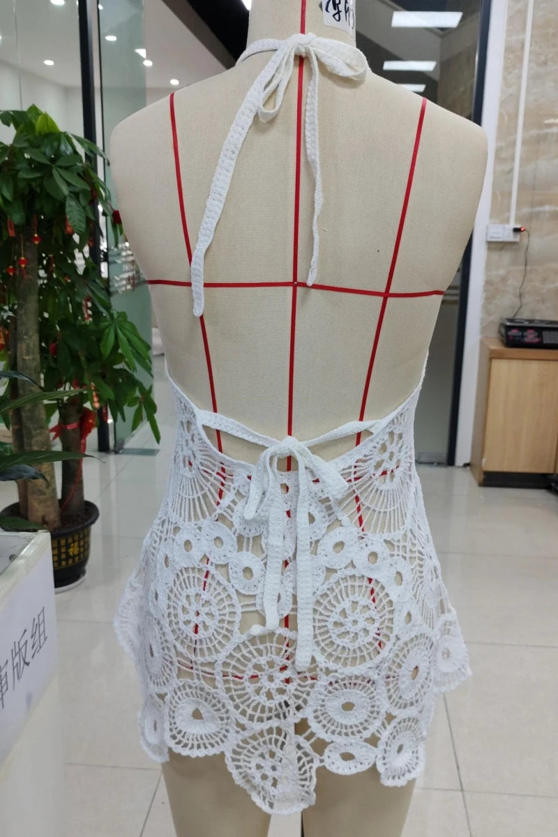 Yiiciovy Flower Crochet Swimsuit Dress Women Beach Cover Ups Slim U Neck Hollow Out Sleeveless Irregular Hem Mini Beach Dress