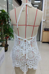 Yiiciovy Flower Crochet Swimsuit Dress Women Beach Cover Ups Slim U Neck Hollow Out Sleeveless Irregular Hem Mini Beach Dress