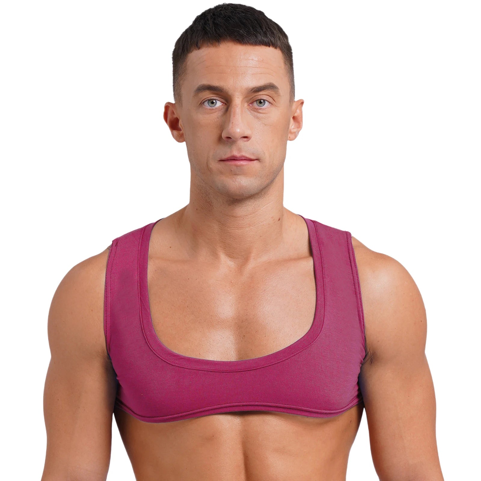 Mens Sexy Muscles Showing Off Crop Top Low Scoop Neck Sleeveless Solid Color Tank Top Vest for Bodybuilding Disco Nightclub