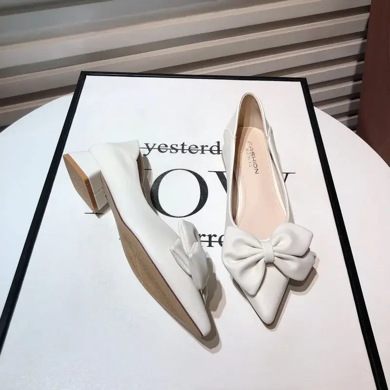 Shoes for Women Low Heel Elegant Woman Pumps Pointed Toe With Bow Fashion Summer 2024 Footwear Discount Shoe Slip On Wholesale