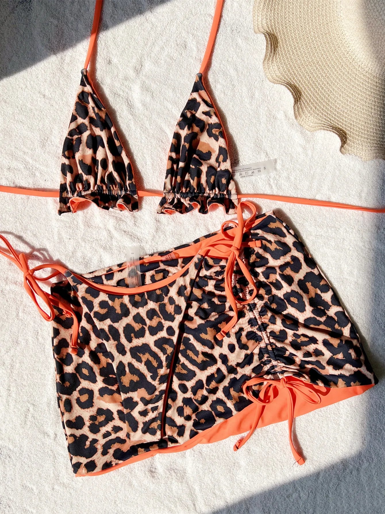 Double sided wearable Swimsuit No pads 2025 Summer 3pcs Set Leopard female Swimsuit Top Bottom bikinis Cover Ups Tong Biquinis