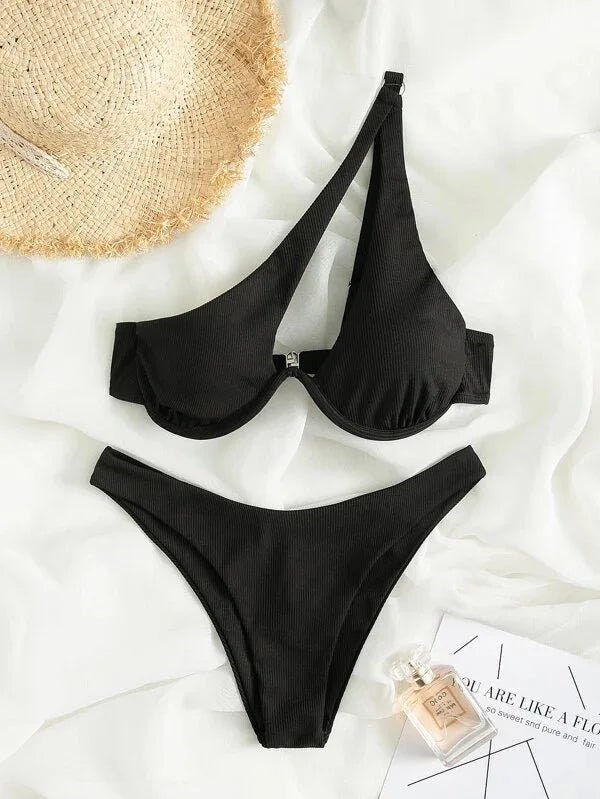 2024 Luxury Two-Pieces Solid Patchwork Underwire Push Up One Shoulder Cut Out Beachwear Swimwear Biqunis Brazilian Thong Bikinis