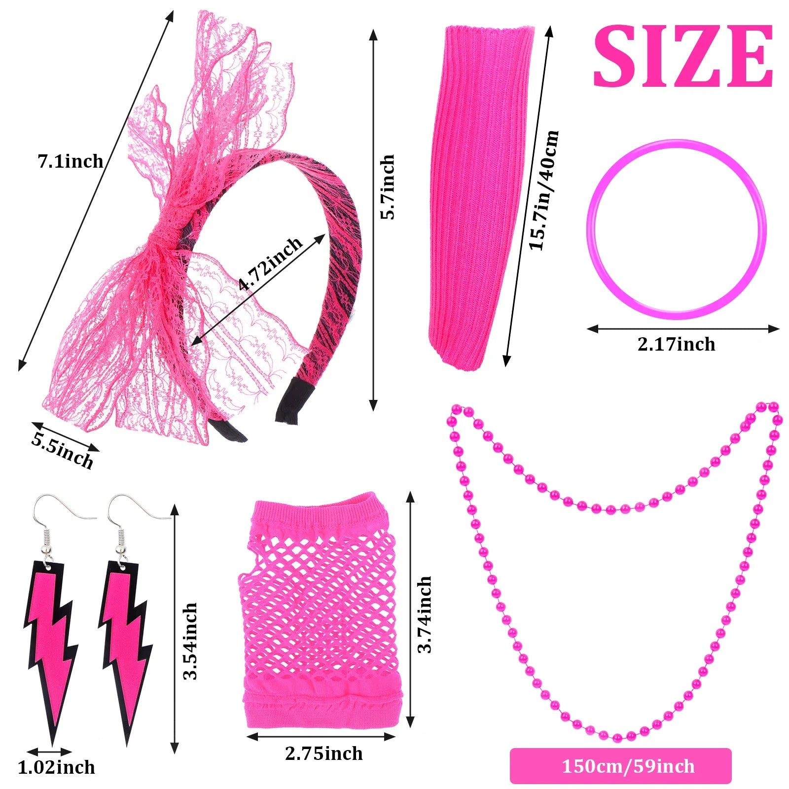 80s Fancy Dress Accessories WomenTutu Skirt Neon Fishnet Gloves Beaded Necklace Bracelet Earrings Adult 80s Party Costume Set