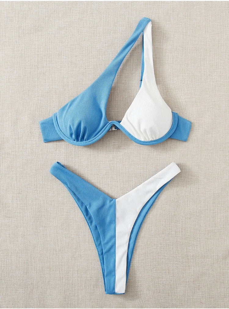2024 Luxury Two-Pieces Solid Patchwork Underwire Push Up One Shoulder Cut Out Beachwear Swimwear Biqunis Brazilian Thong Bikinis