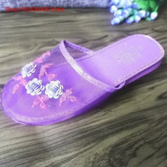 Women Indoor Slippers Sequin Flat Shoes Lady Summer Hollow Mesh Beach Slippers Flip Flops Casual Baotou Creative Flower Mesh
