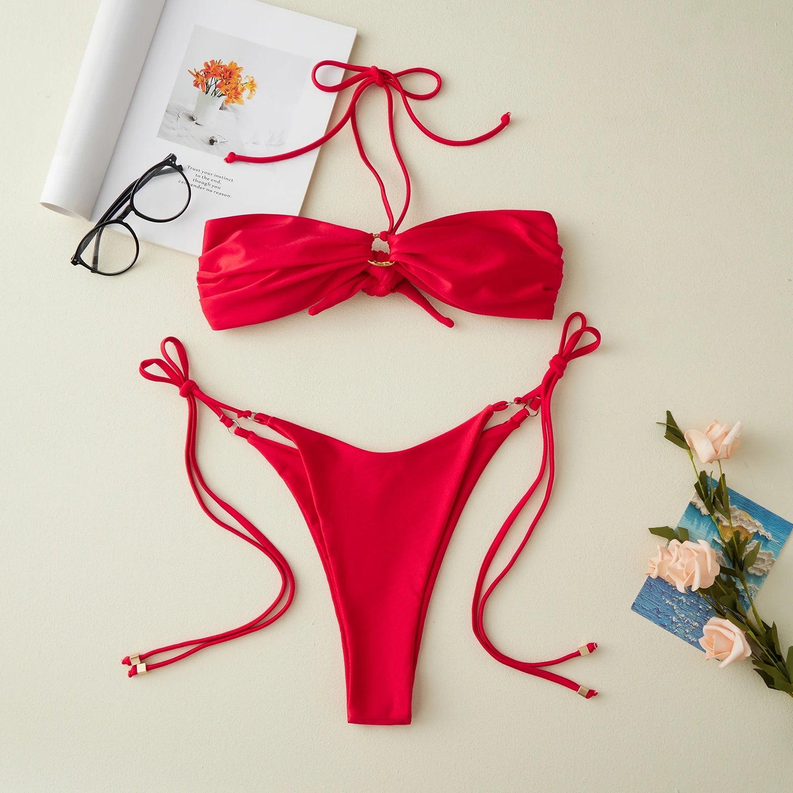 2025 Women's Patchwork Summer Bikini Set Solid Color Metal Ring Strapless Bra with Tie-up Low Waist Shorts 2 Pcs Swimsuit