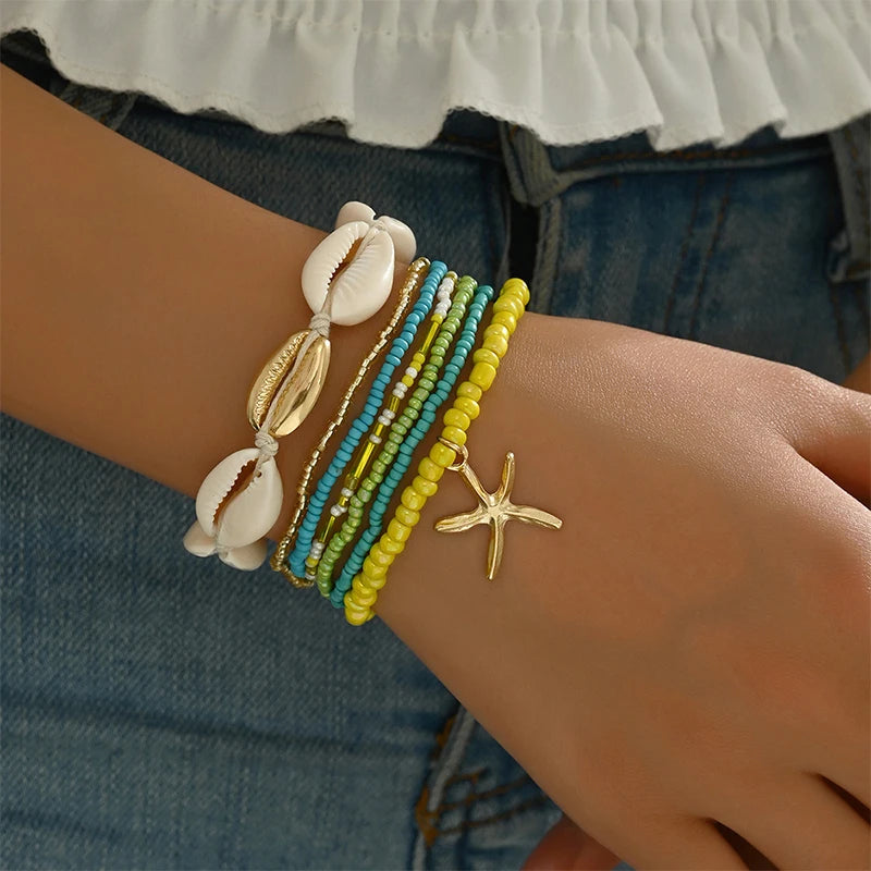 7Pcs Bohemian Style Starfish Shell Hand Woven Bracelet For Women Girls Fashion Beaded Bracelet Summer Beach Vacation Accessories