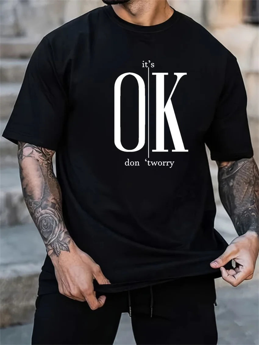 Men's Summer Loose Fit   OK Printed T-shirt Tops Cool Design Street Short Sleeve Top Tee Clothing