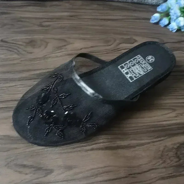 Damen-Hausschuhe mit Pailletten, flache Schuhe, Sommer-Slipper aus hohlem Netzgewebe, Strand-Slipper, Flip-Flops, lässige Baotou-Hausschuhe mit kreativem Blumenmuster
