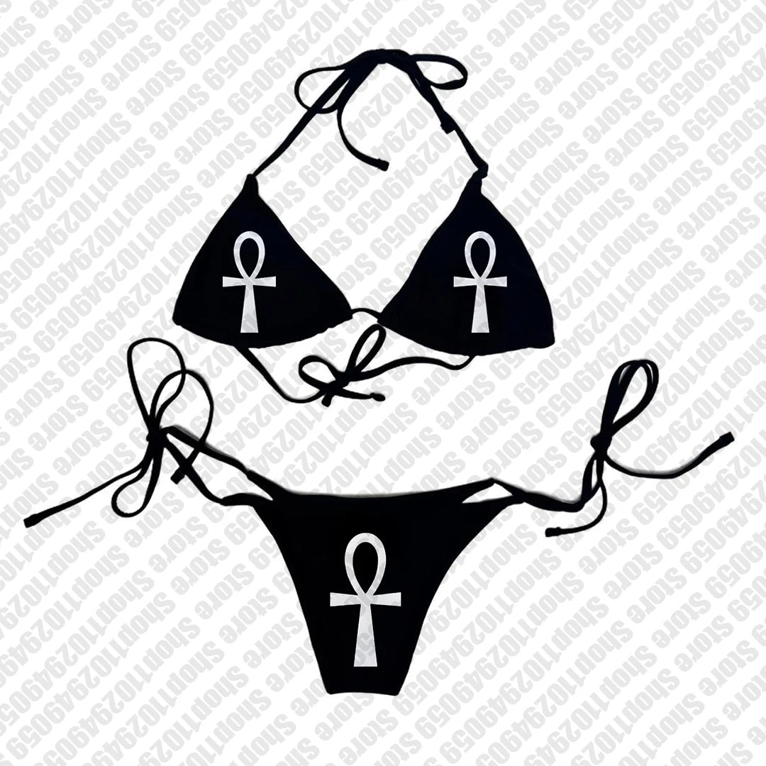 Y2k Style Letter Print Bikini Set Sexy Thong Swimsuit Two Pieces Bathing Suit Punk Gothic Fashion Women Swimwear 2000s Emo Girls