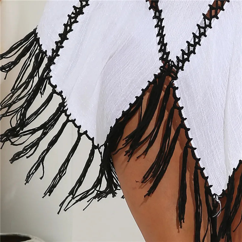 Beach Cover Ups For Women Fringe Tunic 2025 Swim Cover Up White Black Tunics Woman Summer Dress Women's Swimwear Cover-ups