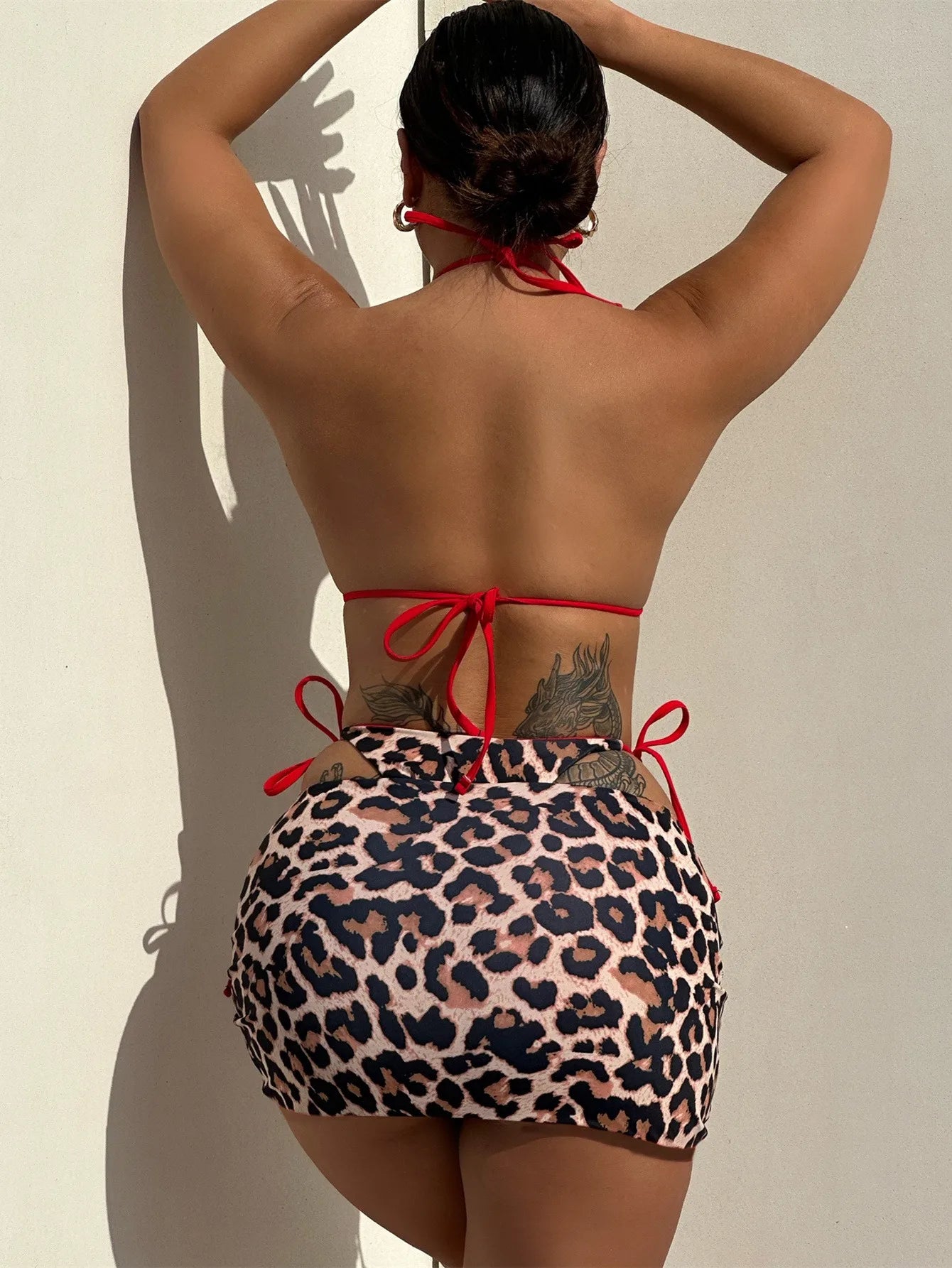 Double sided wearable Swimsuit No pads 2025 Summer 3pcs Set Leopard female Swimsuit Top Bottom bikinis Cover Ups Tong Biquinis