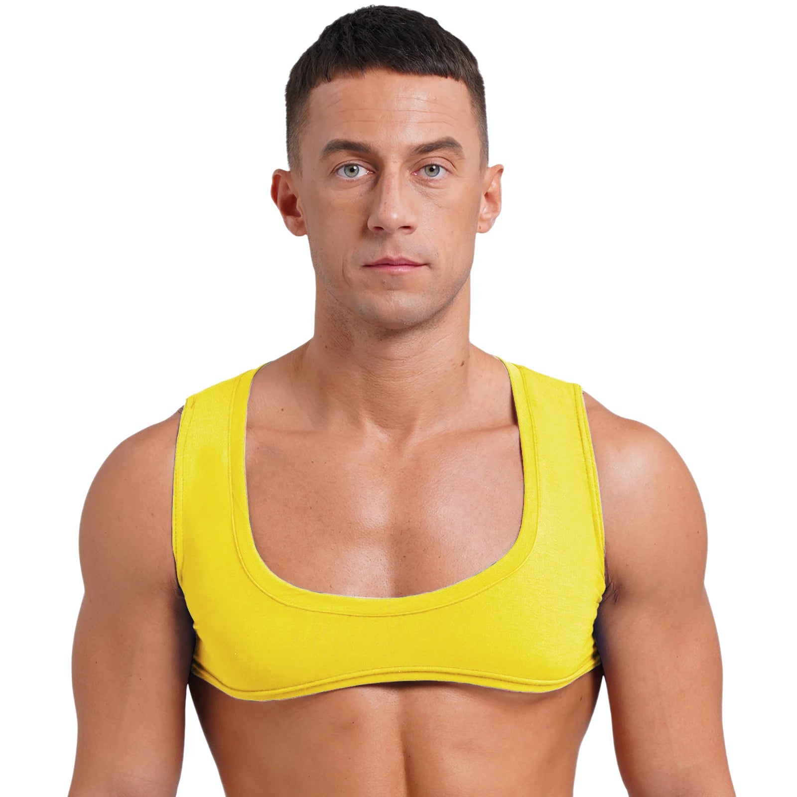 Mens Sexy Muscles Showing Off Crop Top Low Scoop Neck Sleeveless Solid Color Tank Top Vest for Bodybuilding Disco Nightclub