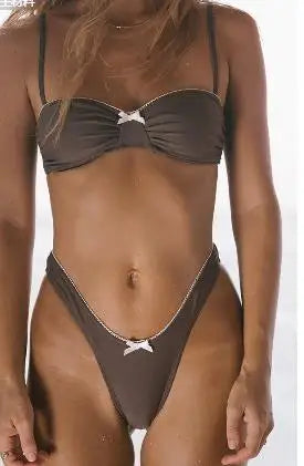 Damen 2-teiliger Badeanzug, modisches Bikini-Set mit Spitzenbesatz und Schleife, Sommer-Badeanzug