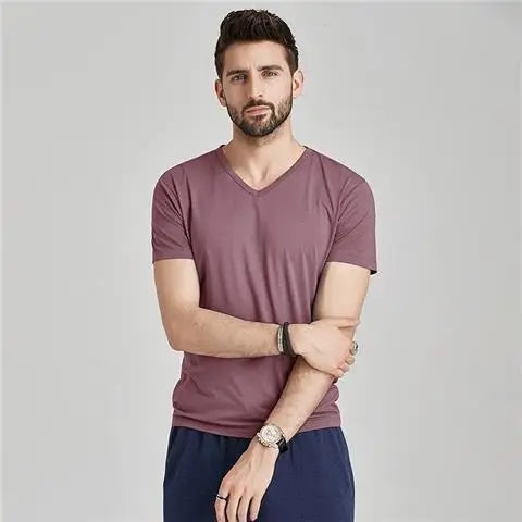 Summer Fashion Luxury Brand T-Shirts for Men with V-Neck Short Sleeves and Ice Silk Modal Fabric Gym Golf Clothing Men Tops