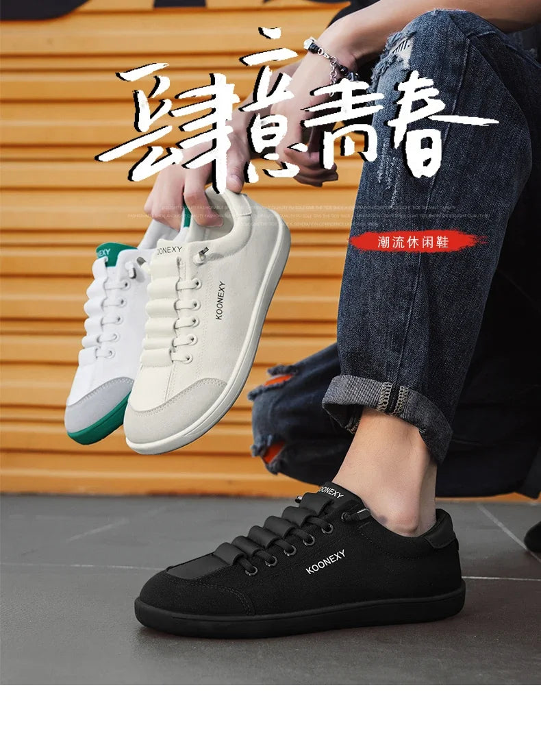 Mens Wide Toe Barefoot Shoes Unisex Canvse Casual Sneakers Lightweight Adjustable Slip on Walking Shoes for Male Zero Drop Flats