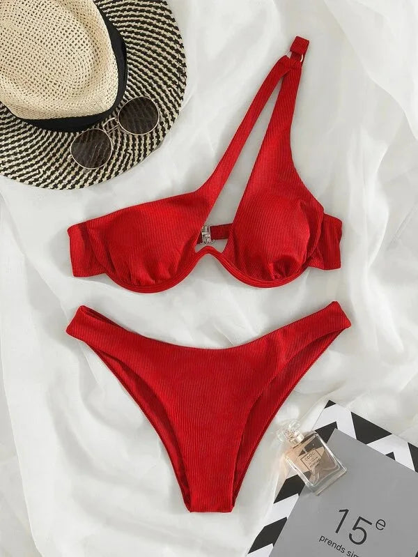 2024 Luxury Two-Pieces Solid Patchwork Underwire Push Up One Shoulder Cut Out Beachwear Swimwear Biqunis Brazilian Thong Bikinis