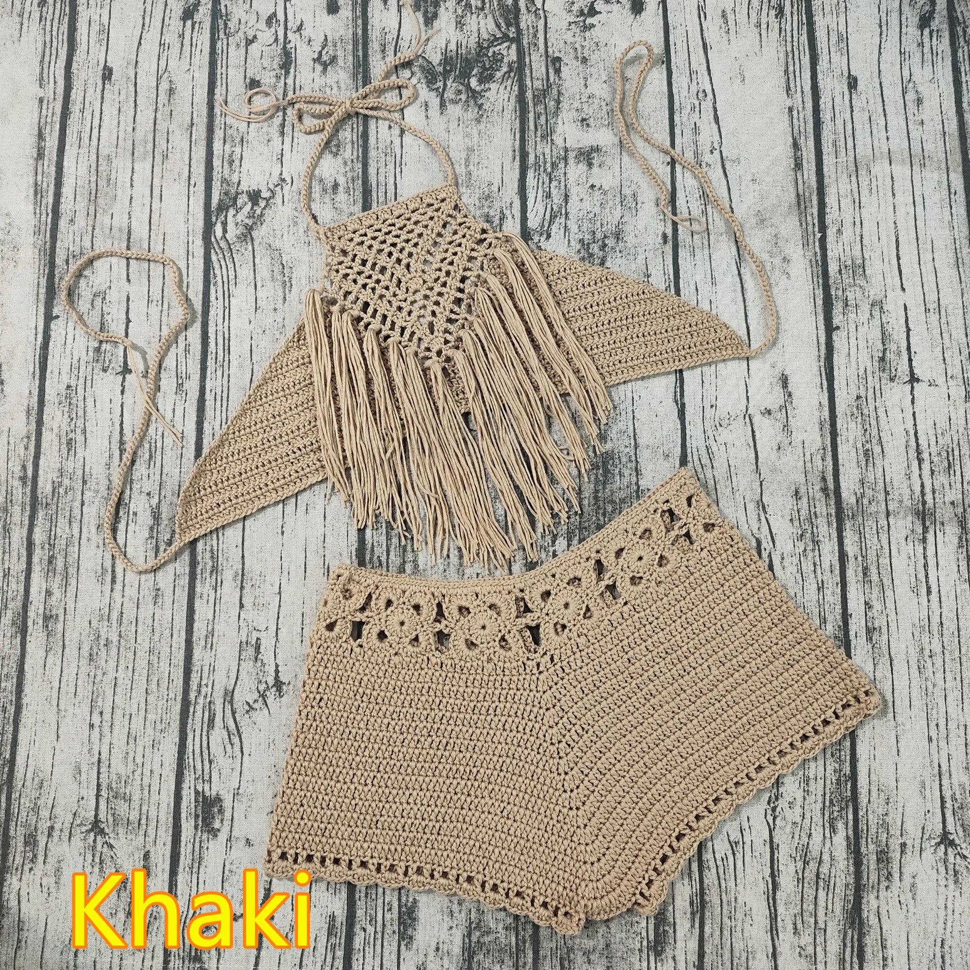 Hand Crochet Beach Bikini Set Women Short Swimwear Sexy Tassel
