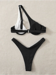 2024 Luxury Two-Pieces Solid Patchwork Underwire Push Up One Shoulder Cut Out Beachwear Swimwear Biqunis Brazilian Thong Bikinis