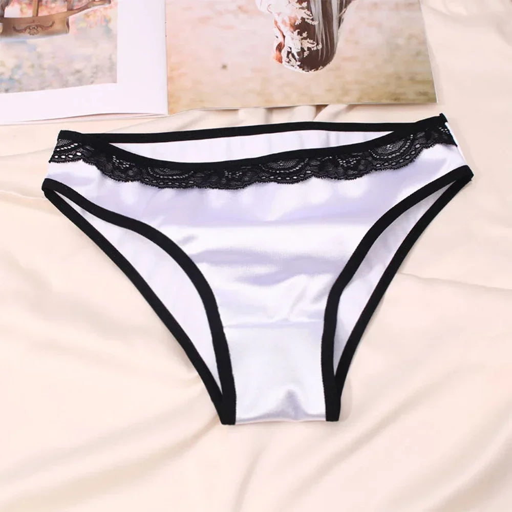 Luxuriöse, bequeme und atmungsaktive Damenunterwäsche mit niedrigem Bund, Spitzenbesatz und weichem Dreiecksmuster, Unterwäsche aus Seidensatin, Slips und Höschen