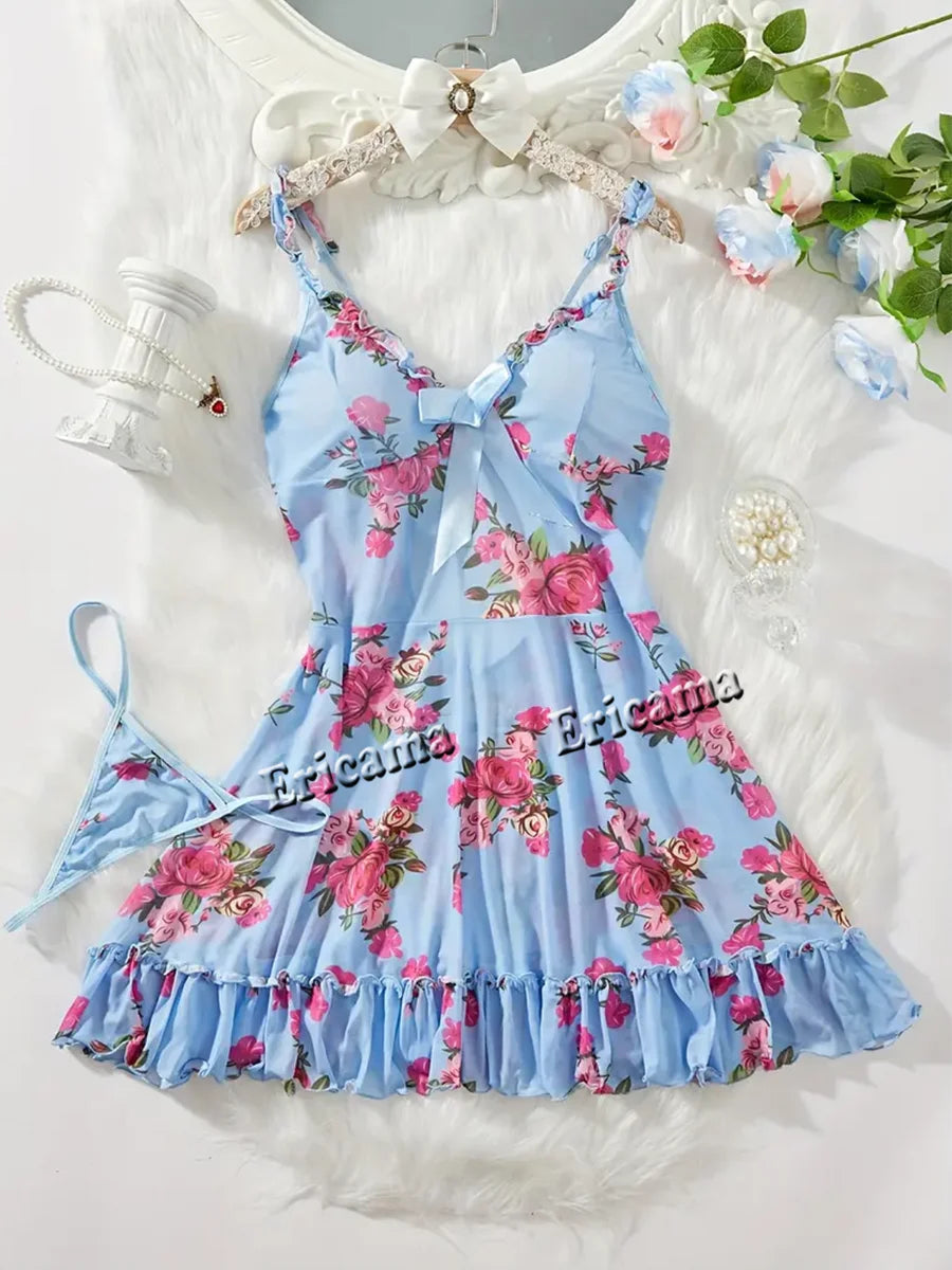 Women's Underwear Sexy Bra And Panties Sets Lace Ruffle Trim Lingerie Set Deep V Slip Dress Thong Women's Sexy Lingerie