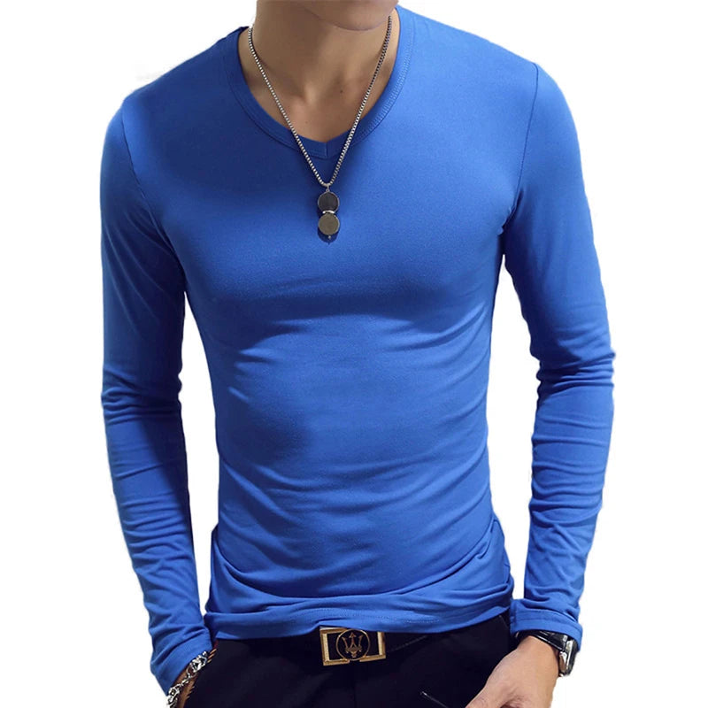 2020 Elastic Mens T-Shirt O-Neck Round Neck Long Sleeve Men T-Shirt For Male Lycra And Cotton T-Shirts Man Clothing