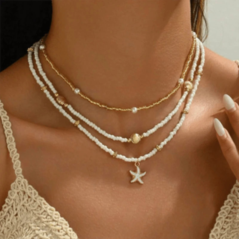 Bohemian Beach Rice Beads Imitation Shell Starfish Pendant Multi-layer Necklaces Women's Vacation Wind Holiday Accessories Gift