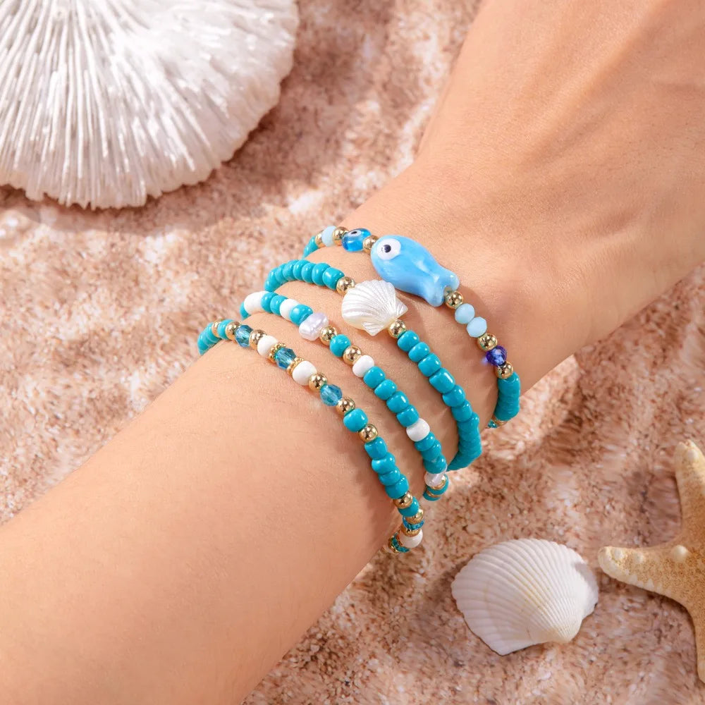4pcs Set Bohemian Fashion Ceramic Fish Shells Rice Bead Bracelet for Women Summer Beach Vacation Cute Jewelry Accessories Gifts