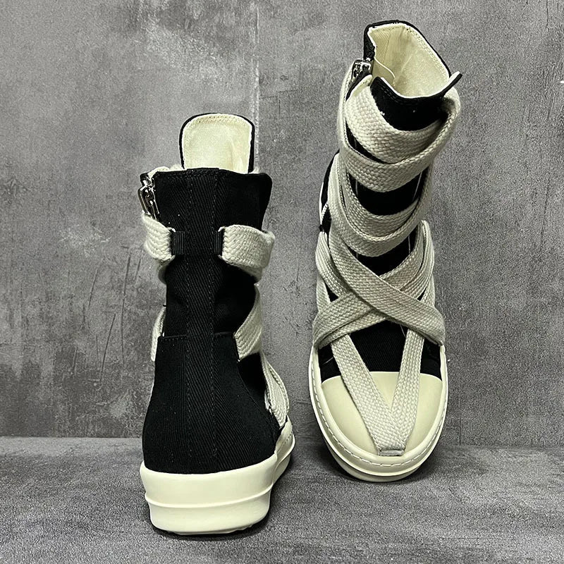 Men Women High-TOP Shoes Casual Canvas Jumbo Lace Up Sneakers Luxury Designer Zip Hip Hop Autumn Flats Black Boots