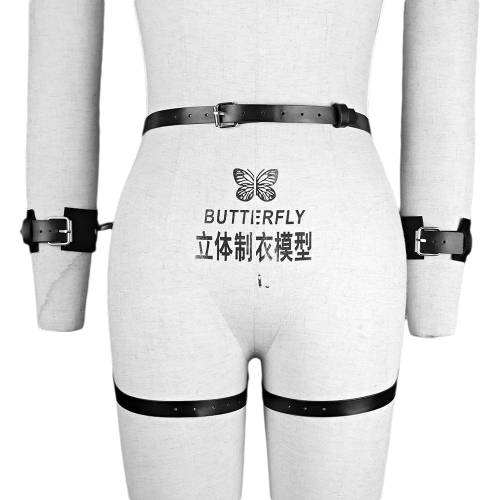 Exotic Accessories SM Bondage Kit Leather Thigh Cuffs Waist Belt Handcuffs Bed Strap Adult Role Play Toy for Couples
