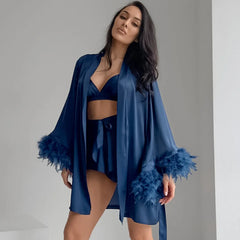 New Underwear Shorts Nightgown Three-piece Set Imitation Silk Home Clothes Spring Satin Feather Pajamas Women
