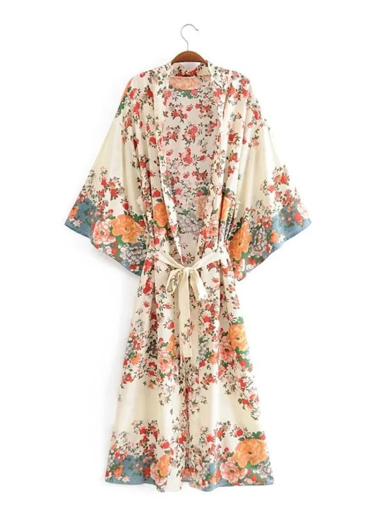 Bohemian Printed Bikini Cover-ups Green Tunic Long Kimono Cardigan Plus Size 2023 Women Beach Wear Swim Suit Cover Up A155