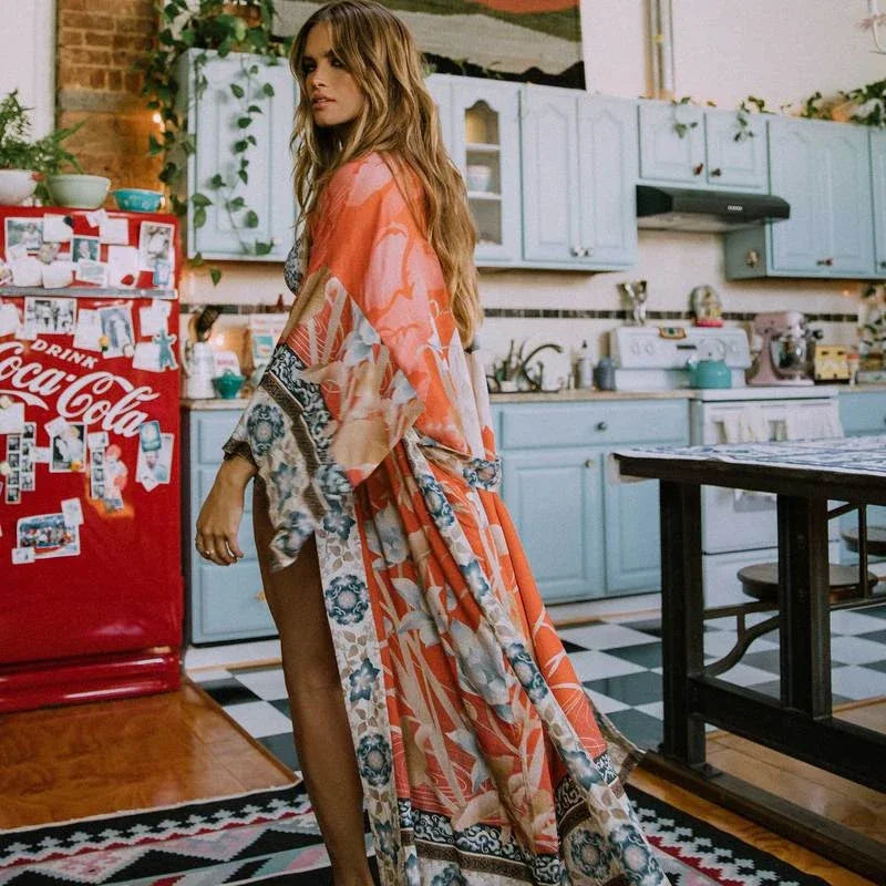 2025 Bikini Cover-ups Pink Boho Print Self Belted Front Open Long Kimono Dress Beach Tunic Women Swim Suit Cover Up Dress