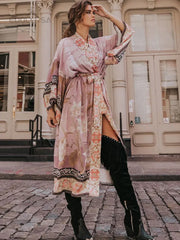 2025 Bikini Cover-ups Pink Boho Print Self Belted Front Open Long Kimono Dress Beach Tunic Women Swim Suit Cover Up Dress