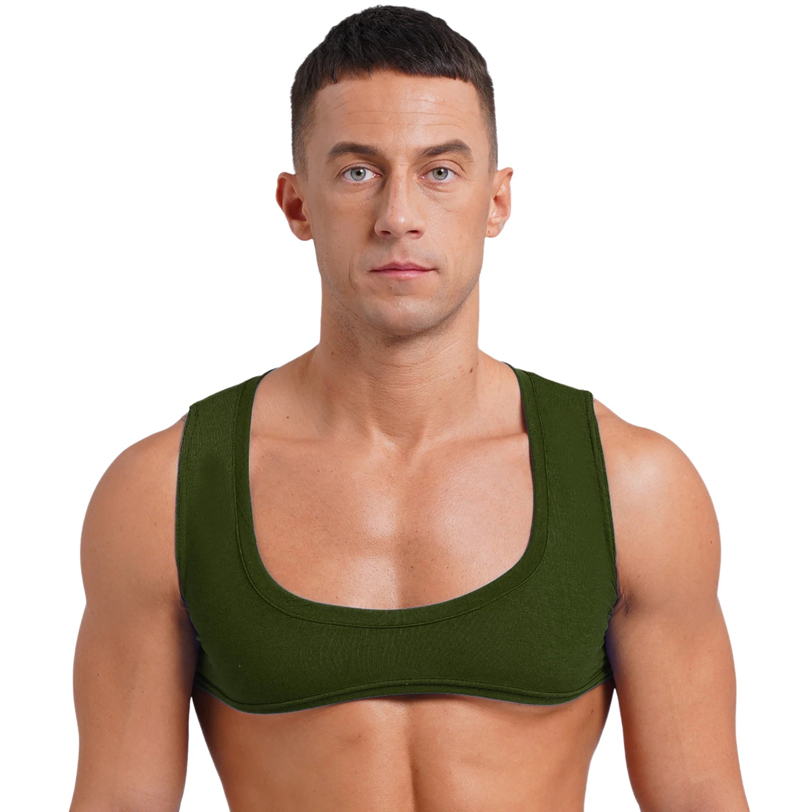 Mens Sexy Muscles Showing Off Crop Top Low Scoop Neck Sleeveless Solid Color Tank Top Vest for Bodybuilding Disco Nightclub